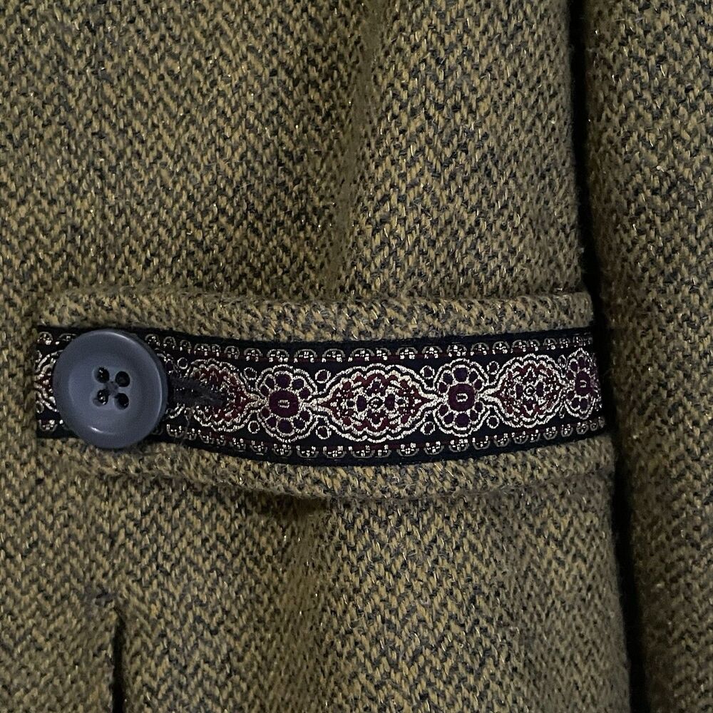 Free People Pea Coat Wool Silk Faux Fur Collar Women's Sz 10 Green Tweed Ribbon - Picture 16 of 16